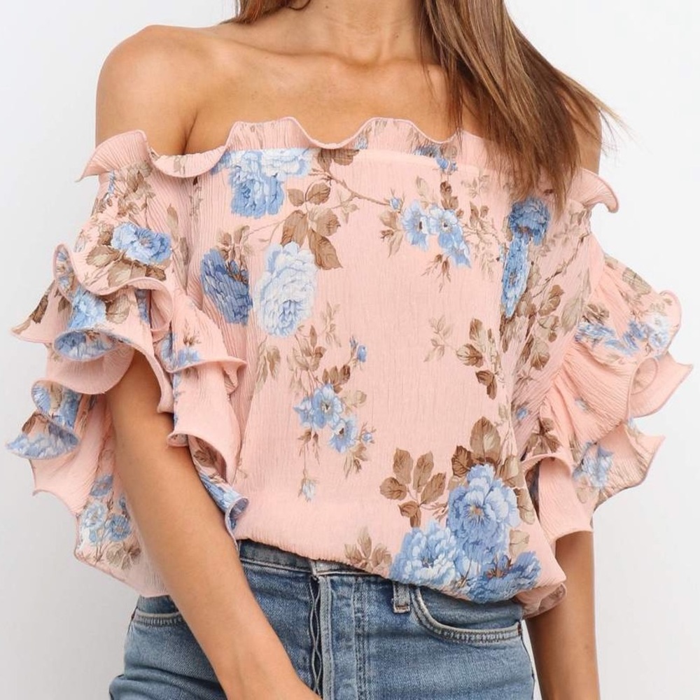 Petal and pup off the shoulder top